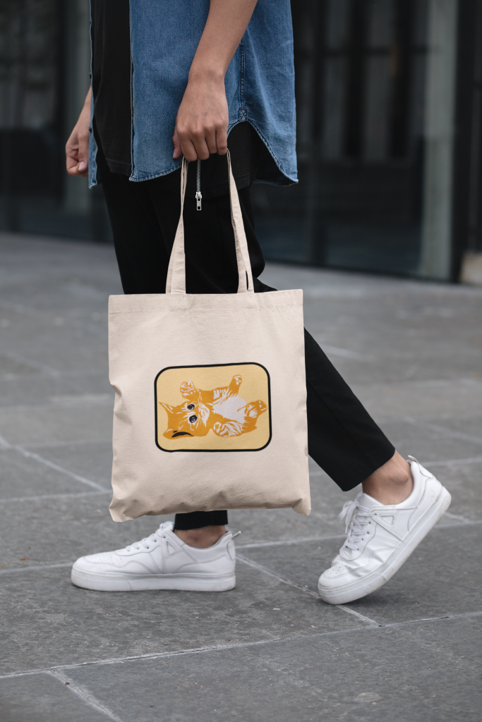 Chico con totebag ilustracion mascota con marco